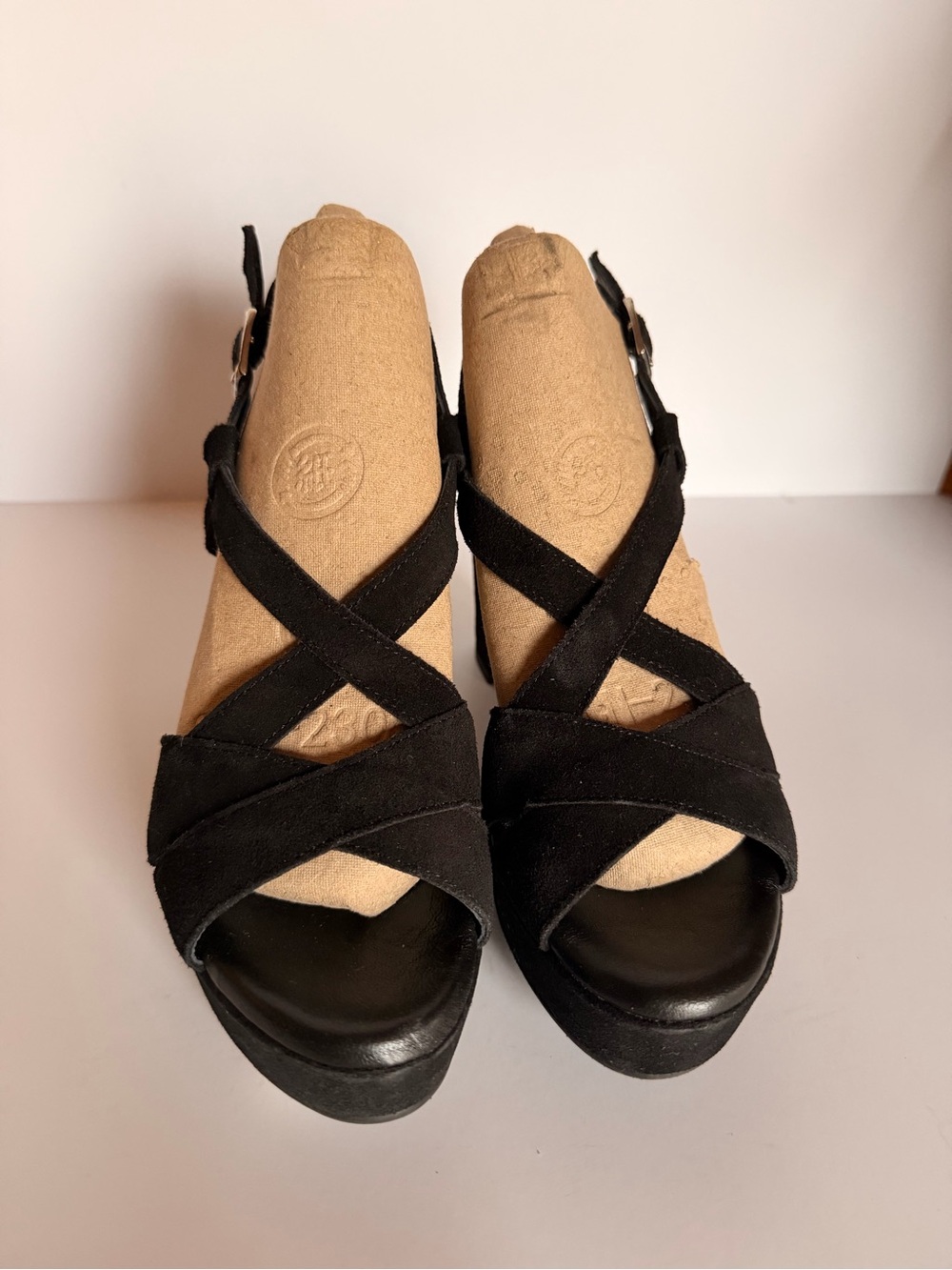 Cordani Women’s Black Suede Strappy Ankle Strap Open Toe Block Heel 7